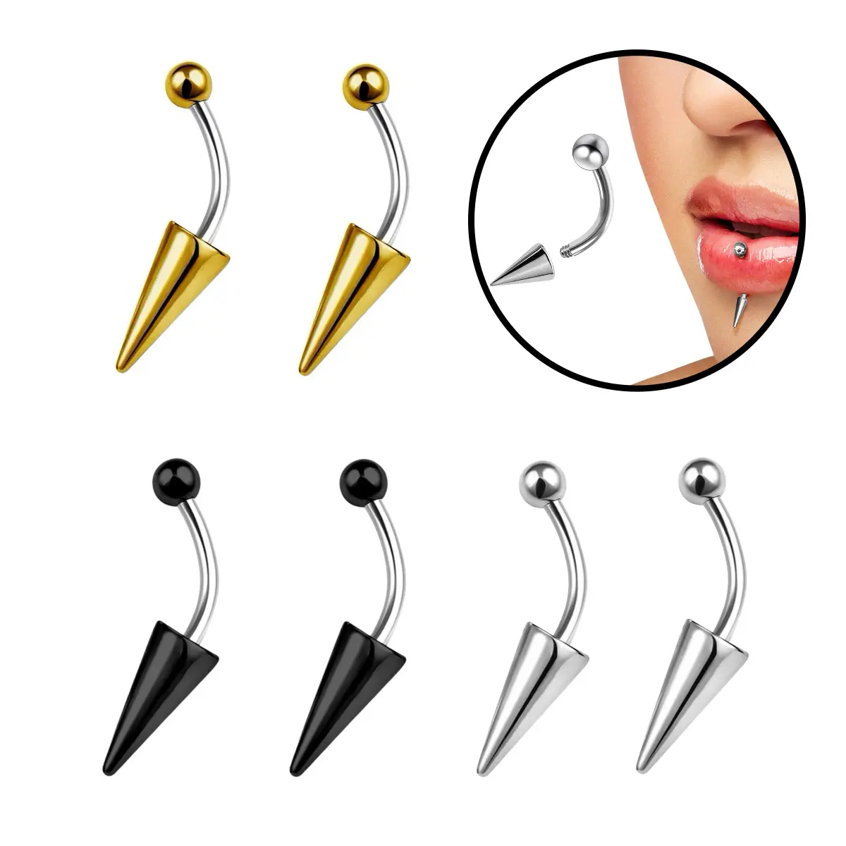 6pcs 16G Vertical Labret Jewelry Set, Stainless Steel Curved Angel Fangs barbell with long Spike,Spike & Ball Lip Ring, Eyebrow Piercing, Rook Spike Piercing
