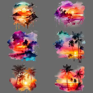 Tropical Sunset DIY Iron-on Transfer Sticker, 8 Counts/set Washable Heat Press Decals for Clothing, T-shirts, Masks, Jeans, Backpacks, Tropical Stickers, Handicraft, DIY Material