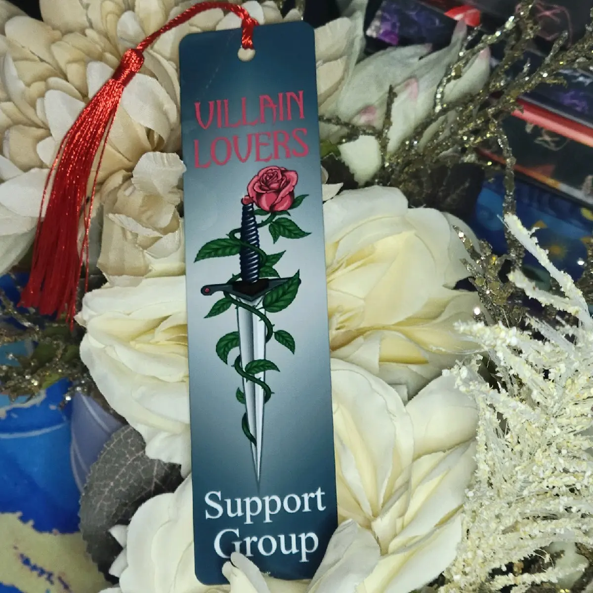 Metal Bookmark Villain Lovers Support Group - Perfect Gift for Bookworms, Sublimated Aluminum, Includes Tassel