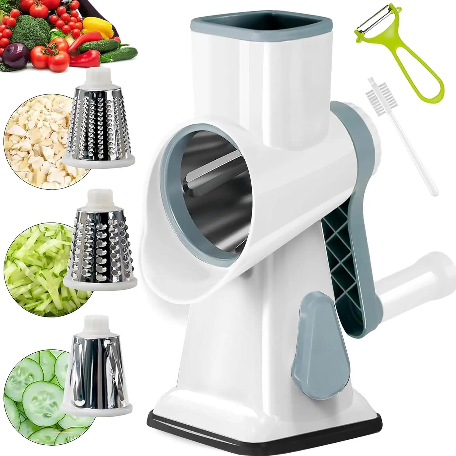 Rotary Cheese Grater Multi-Purpose Stainless Steel Cheese Shredder - Cheese Grater With Handle Effortless Grating of Carrots, Potatoes, Vegetables, and Fruits (White)