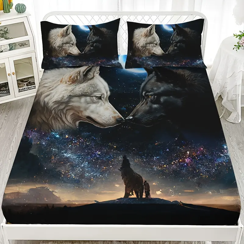 3PCS Polyester Wolf Stars Animal Bed Sheet Set - 1 Bed Sheet + 2 Pillowcases (No Pillow Inserts), High-Detail Print, for Home/Dorm Textile Bedding Linens