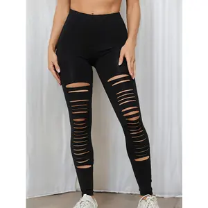Women's High-Waisted Distressed Leggings - Stretchy Polyester-Spandex Blend, Slim-Fit Nine-Tenths Length with Ripped Details, Machine Washable All-Season Workout & Casual Pants, High Waisted Leggings, Lounge Pants, Stylish Activewear, Durable Construction