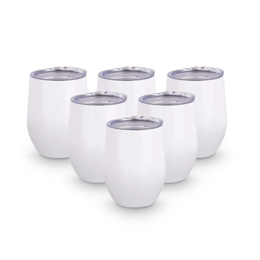 6-Pack 12 oz Sublimation Blanks Customized Stainless Steel Insulated Stemless Wine Tumbler Cups, White Insulated Cup Vacuum Flasks, Portable