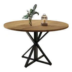 Modern Farmhouse Round Dining Table for 4, 47 Inch Durable Wood Top, K-Shaped Steel Pedestal, Space-Saving for Restaurants and Small Spaces