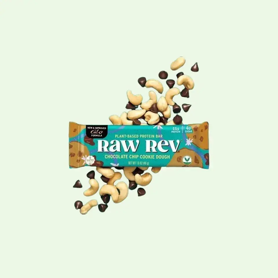 RAW REV Chocolate Chip Cookie Dough Vegan Protein Bars - 12 Bars - 100% Plant-Based - 11g Protein - ONLY 4g Sugar - 180 Calories - Freshly Ground Cashews - Healthy Snack - No Sugar Alcohols - No Seed Oils