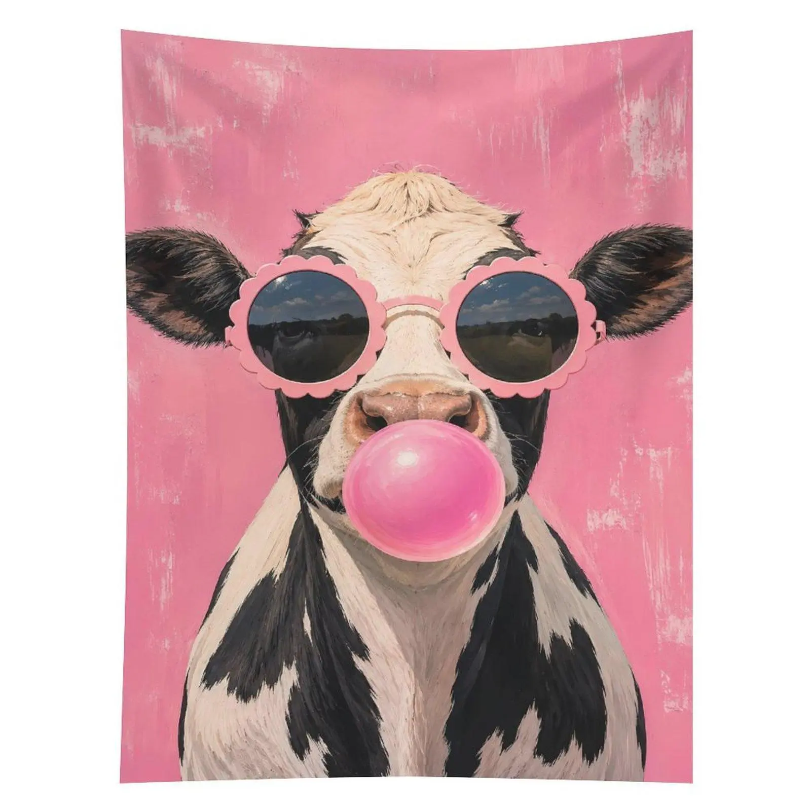 Funny Cow Sunglasses Bubblegum Tapestry Pink Farm Animal Wall Hanging Decor