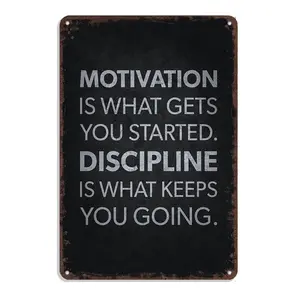 Motivation & Discipline Metal Tin Sign For Home Gym Decor - 8x12 Inch Durable Aluminum Fitness Poster - Inspirational Workout Quotes For Training Room, Fitness Studio & Exercise Spaces Eye Gift  Minimalist