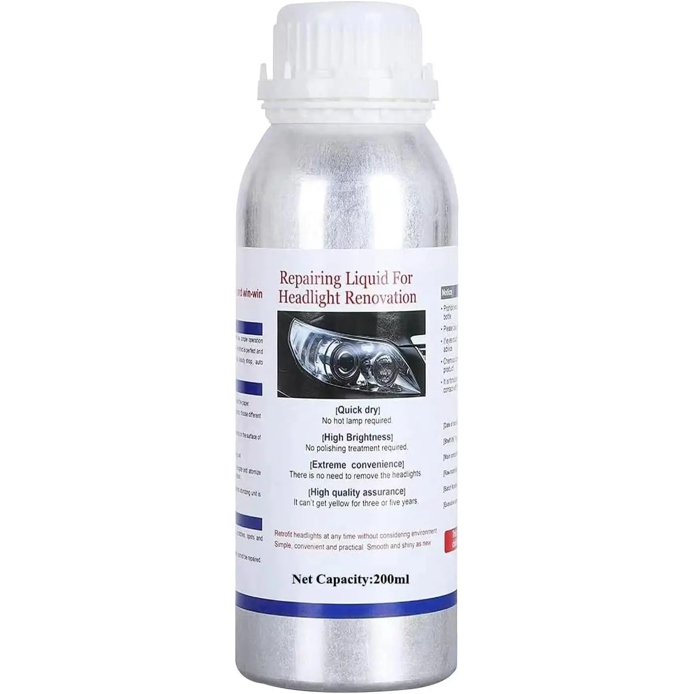 200ml  Headlight Restoration Liquid, Headlight Restoration Kit Refill Bottle, Auto Headlight Anti-Scratch Lens Repair Fluid, Headlight Polish Cleaner for Restoring Dull Yellow Headlamp