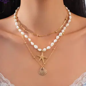 Women’s Boho Ocean‑Inspired Starfish & Seashell Pendant Necklace, Layered Multi‑Strand Metal Chain, Trendy Vacation‑Ready Jewelry for Summer Beach Trips & Everyday Casual Outfits