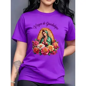 100% Cotton Women's Purple T - Shirt "Virgen de Guadalupe" Floral Graphic Tee Faith - Based And Cultural Top With 10 Colors Available For Casual Daily Wear Religious Events And Spiritual Style Statements