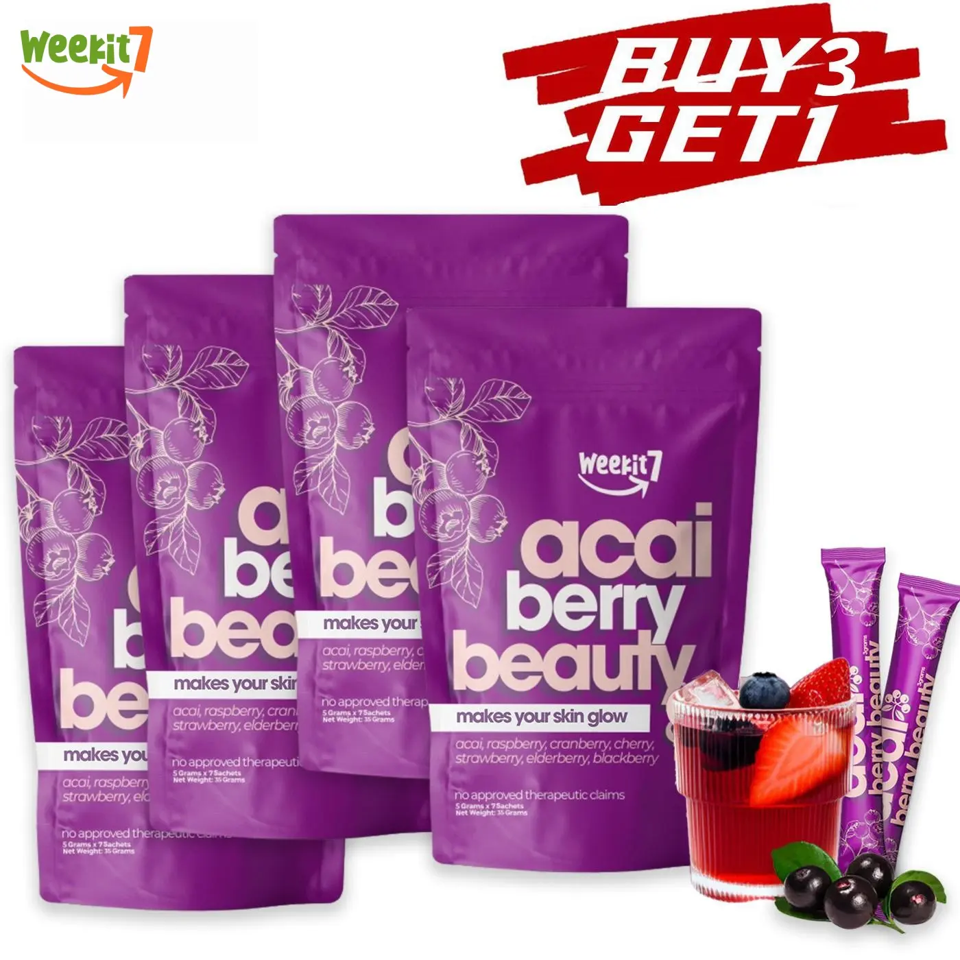 【Buy 3 Get 1】Weekit7 Acai Berry Cleanse Organic Acai Berry Powder,Superfood Acai Berries Purple Powder Edible Dietary Supplement Fitness. Non-GMO No Preservatives Beverage Mixed Healthcare Vitamin
