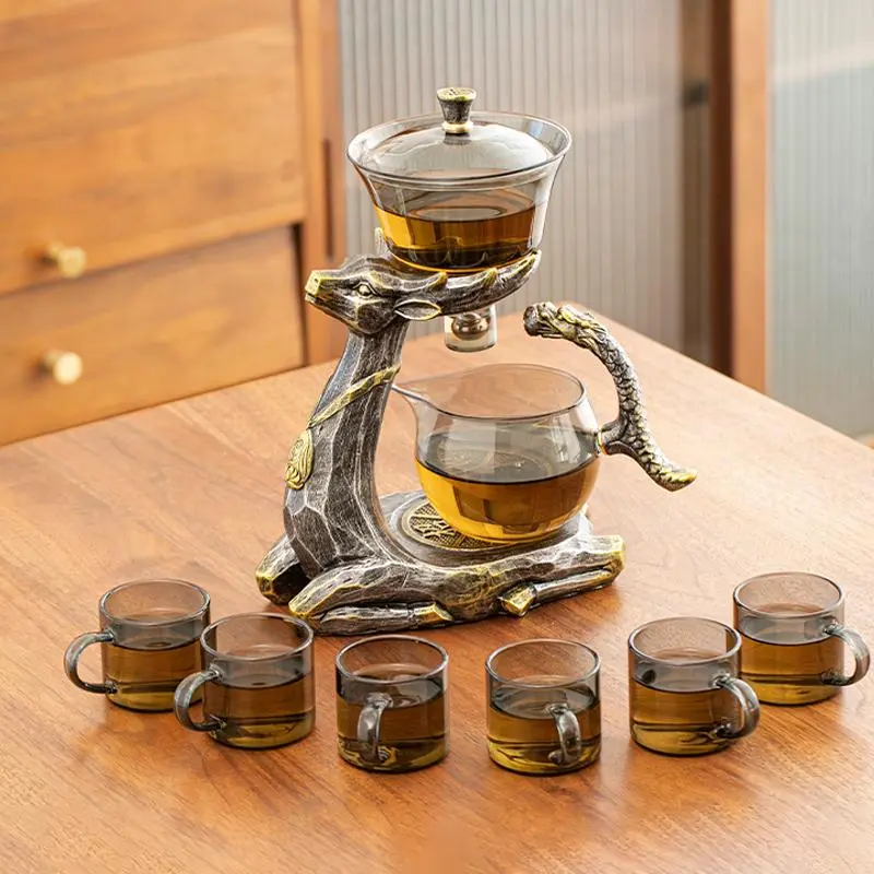 Deer Design Glass Matcha Kit Tea Pot Sets, 1 Set Including Tea Cups & Tea Pot & Tea Tray & Tea Can, Tea Making Tool for Home Office Shop Use