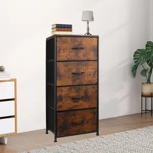 Rustic Brown Dresser with 4 Drawers, Small Fabric Storage Tower for Bedroom & Closet, Sturdy Steel Frame Wood Top, Narrow Hallway Entryway Organizer, Removable Foldable Bins