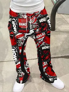 Men's Vintage Distressed Bell Bottom Boot Cut Flared Pants, Luxury Print Graphics Drawstring Hip Hop Sportswear, 3D Soft Breathable Fabric, Casual Daily Wear