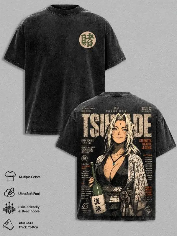 Tsunade Senju Vintage Washed Anime T-Shirt – Fifth Hokage Naruto Graphic Tee, Legendary Sannin Retro Manga Streetwear Oversized Heavy Cotton Unisex Shirt, Anime Gift for Men & Women