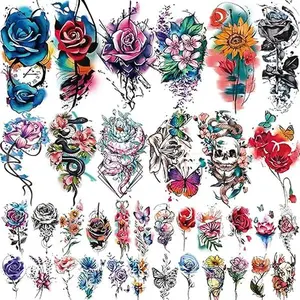 77 Sheets Flowers Temporary Tattoo, 17 Sheets Half Arm Rose Butterfly Snake Skull Fake Tattoos for Adults Arm Neck, 60 Sheets Tiny Realistic Temporary Tattoos Waterproof for Women Girls and Kids