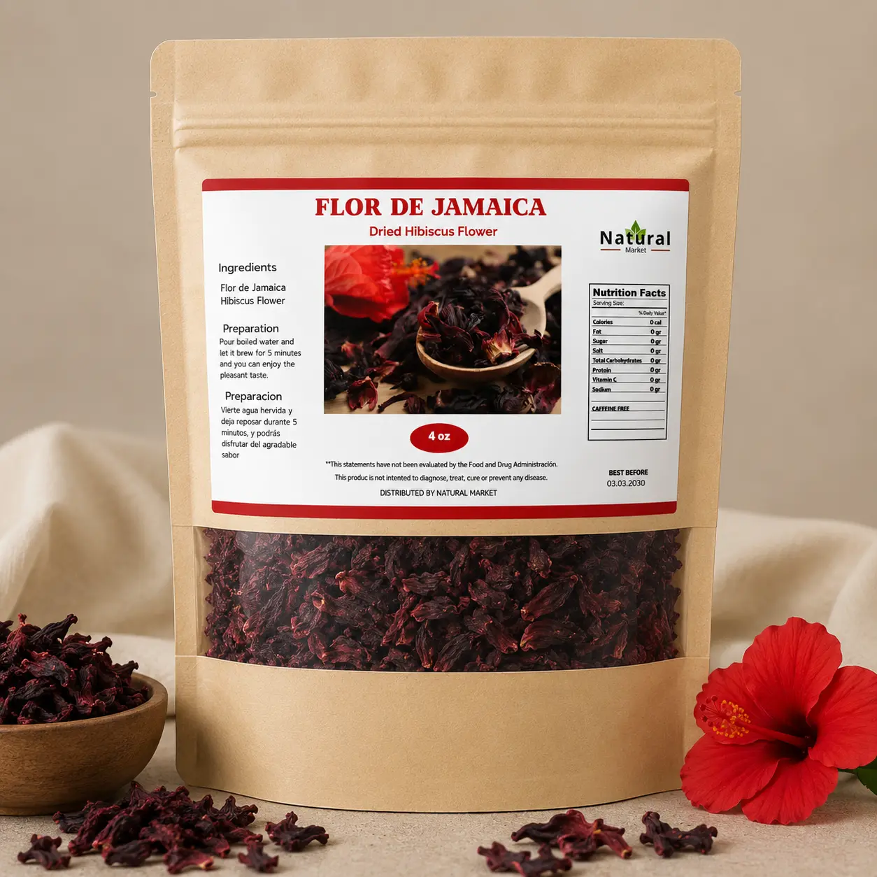 Premium Dried Hibiscus Flowers 4 oz – Natural Hibiscus Tea for Hot & Iced Infusions, Agua Fresca & Recipes – Resealable Bag