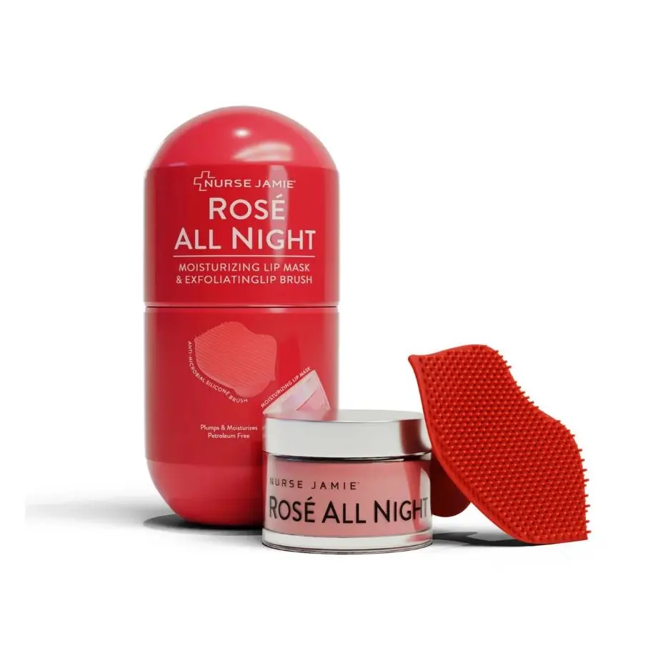 Nurse Jamie Rosé All Night Lip Mask & Exfoliating Lip Brush Set – Overnight Hydrating Lip Sleeping Mask with Hyaluronic Acid, Grape Seed & Castor Oil