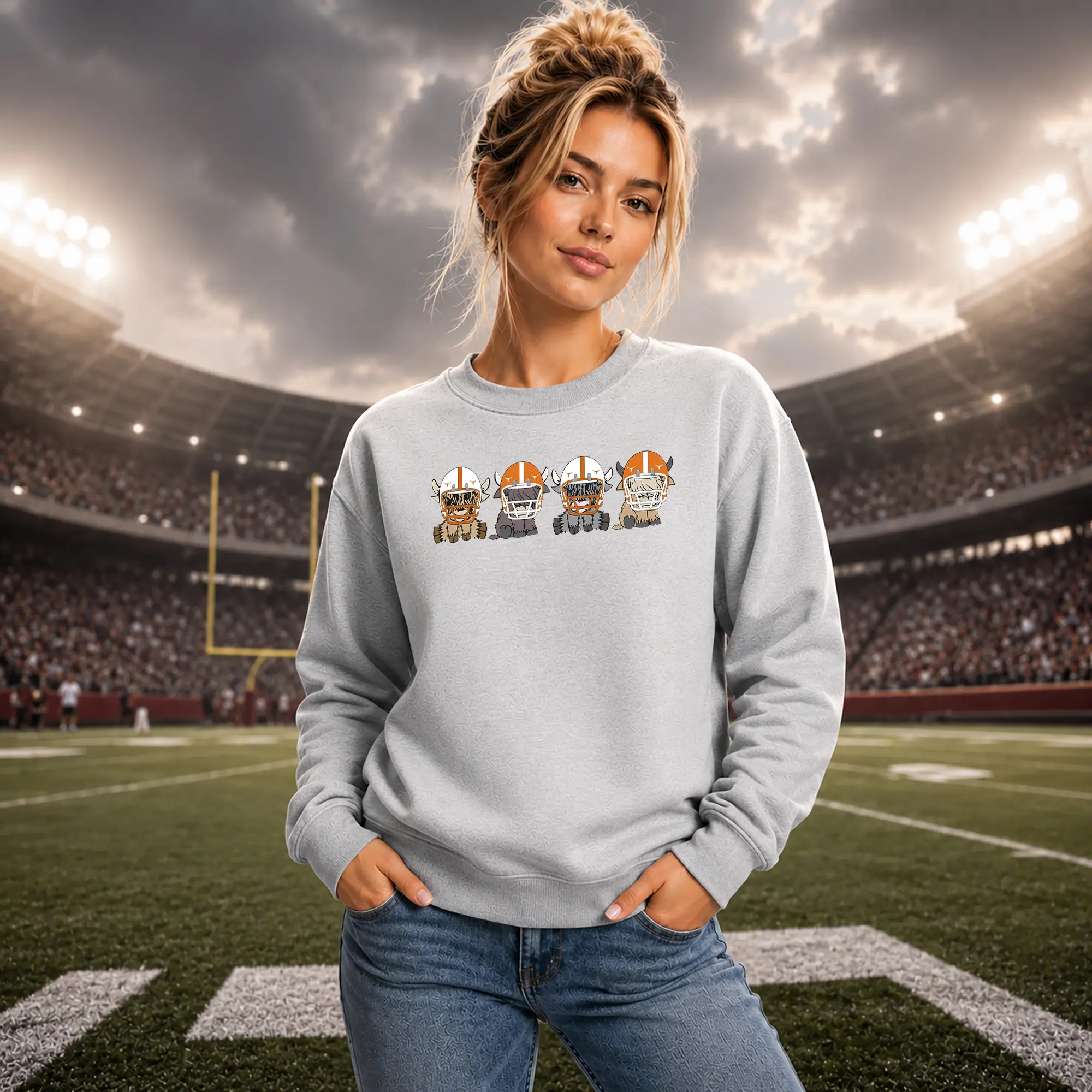 Texas Highland Cow Football Sweatshirt, Vintage Burnt Orange Gameday Crewneck, Unisex College Sports Fan Gift