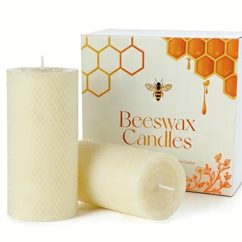 Large pure beeswax cylindrical candle, Floral Candle, 2x4 inches (5 x 10 cm) white honeycomb beeswax candle, hand rolled for 20 hours with long-lasting burning, odorless, drip free, suitable for home decoration, weddings