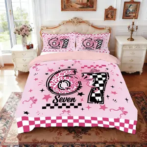 67 Internet Meme Themed 3-Piece Bedding Set (1 Duvet Cover + 2 Pillowcases, Without Filling) in Pink with Checkered, Leopard Print, Bow, and Other Patterned Elements. Soft and Comfortable, for Room Decoration, Perfect as a Gift. Soft Bedding Sets Bedset