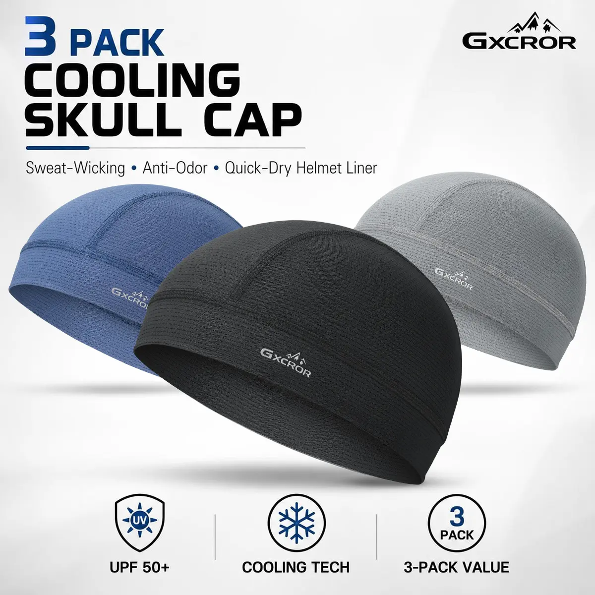 GXCROR 3-PACK Cooling Skull Caps, Sweat-Wicking Helmet Liners for Men Women
