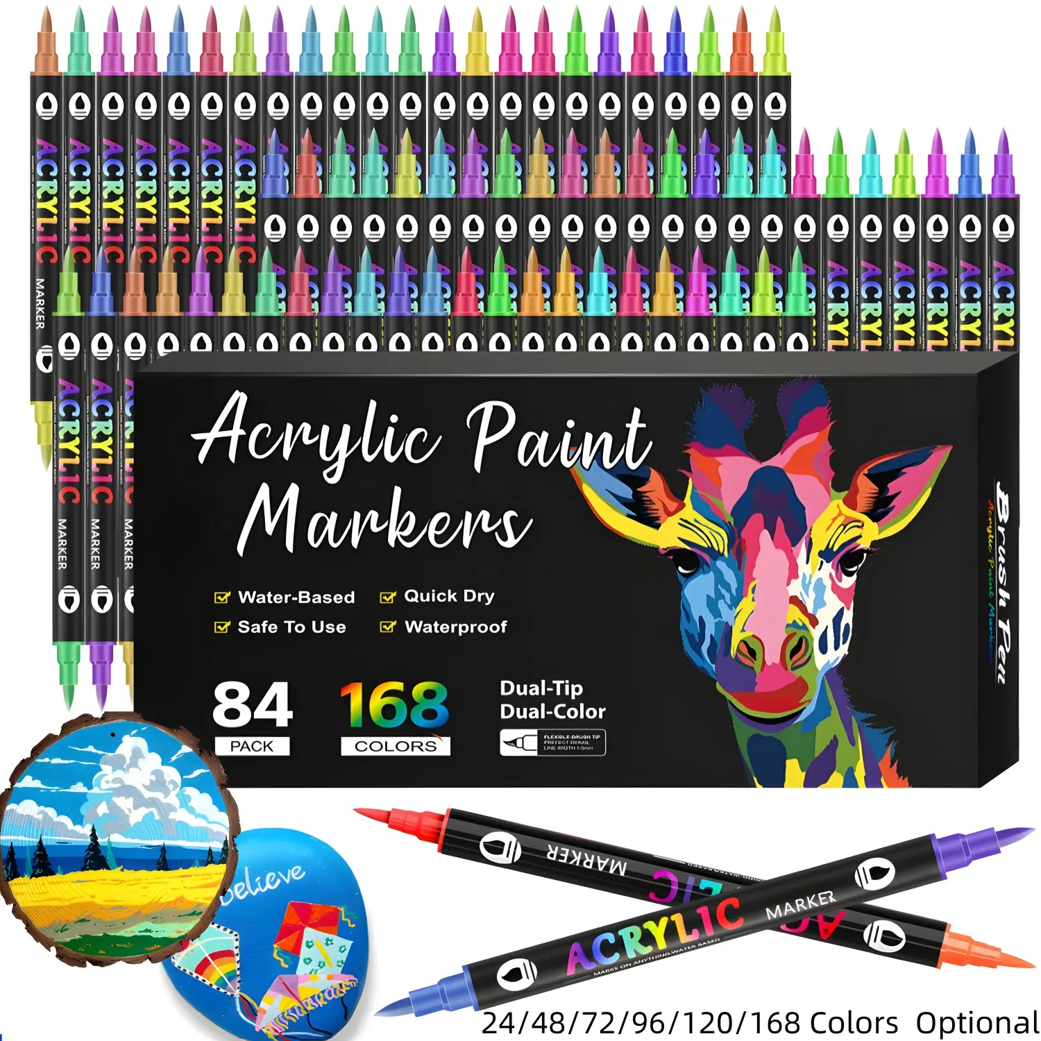Acrylic Paint Markers, Acrylic Art Kit, 24/48/72/96 Colors, Dual-Tip Dual-Color Acrylic Paint Pens for Rock Painting, Canvas, Wood, Glass, Ceramic, Fabric, Plastic, Eggs and Scrapbooks, Soft Brush Tip Paint Pens and Paint Markers, Marker Set, Art Supplies