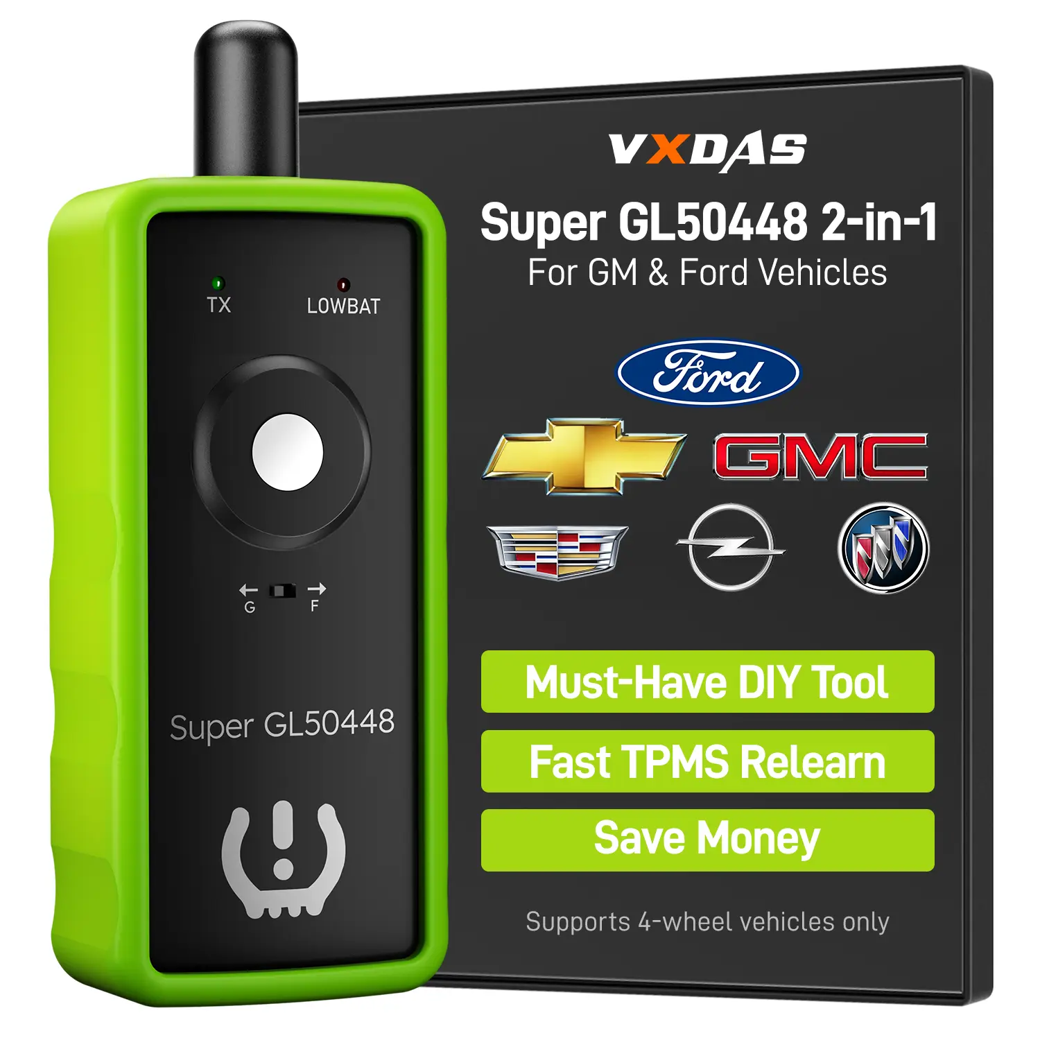 [Only Ford/GM] VXDAS Super GL50448 2-in-1 TPMS Relearn Diagnostic Tool for Ford/GM Green Edition - 1-Switch Activation for Chevy, Buick, GMC, Lincoln, Mazda Tire Sensor Reset Automotive Scan Tool