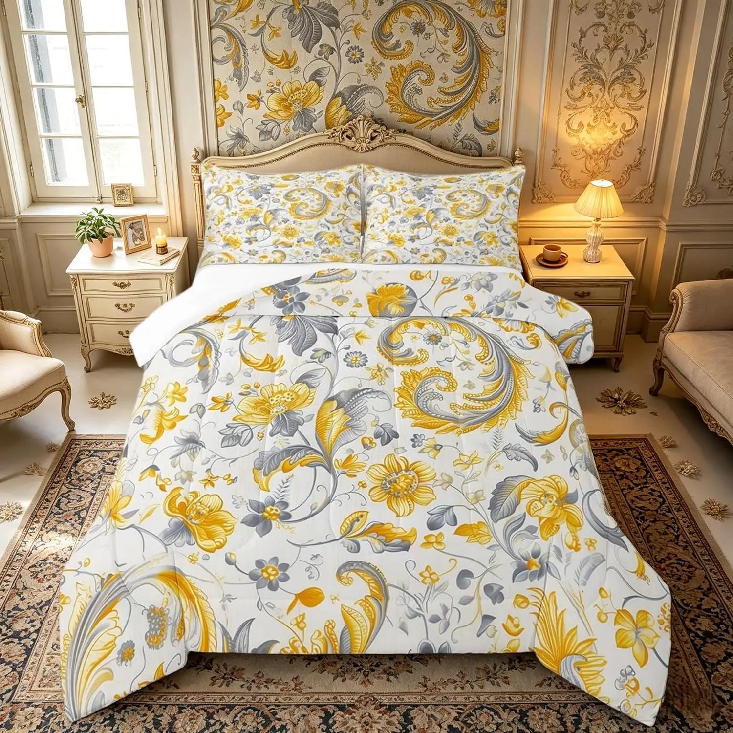 Yellow Gray Flowers Bedding Sets,Botanical Garden Vinatage Blooming Floral Comforter Set Adults,Watercolor Exotic Paisley Comforter Duvet Set