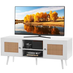 VEVOR Rattan TV Stand,  , Boho TV Cabinet for 55 inch TV, Mid Century Modern TV Stand, Rattan TV Console with Adjustable Shelfs for  Living Room, Media Room, White