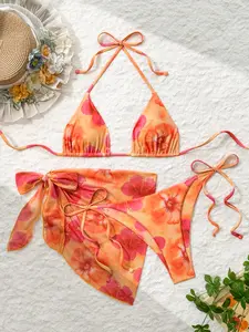 New Full Body Print Sexy Beach Casual Vacation Three-Piece Bikini Swimsuit, Fitted Style, Plain Pattern, All Seasons, Bikinis Sets