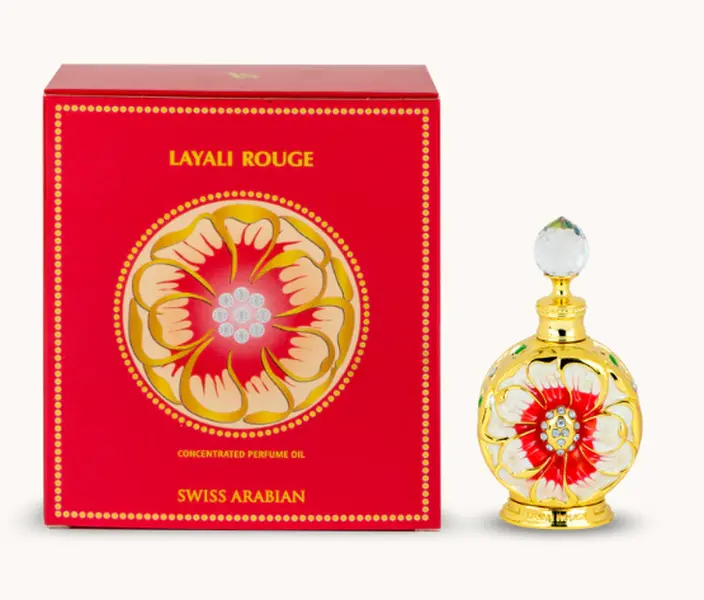 Swiss Arabian Layali Rouge Concentrated Oil - 15ml Floral Arabian Fragrance, Ethanol-Free Longlasting Musk Fruit-Based Unisex Oriental EDP with Exotic Blueberry Notes for Evening Wear, Longlasting Unisex Fragrance