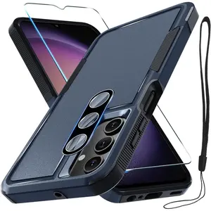 Case for  Galaxy A16 5G, Full  Heavy Duty Rugged Shockproof Protective Phone Cover with Lanyard Strap, Tempered Glass Screen Protector and Camera Lens Cover, Navy Blue