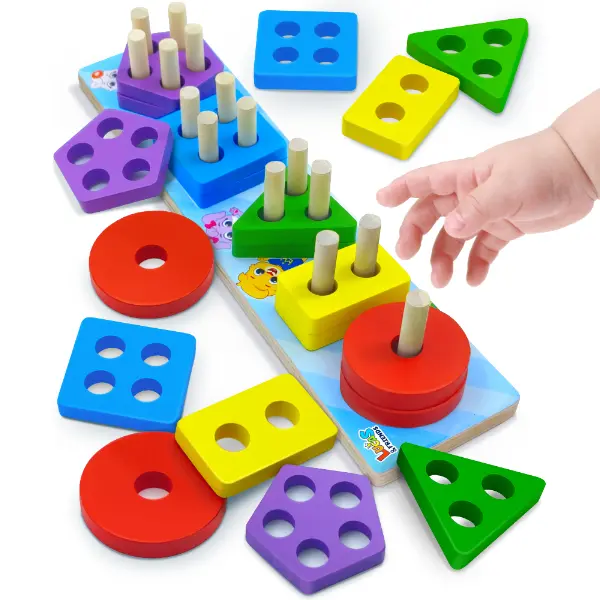 Lucas & Friends Wooden Shape Sorter Building Blocks, Montessori Educational Color & Shape Toy for Toddlers Ages 3-5, Toys for Kids Learning Puzzle Gift, Wood Block Shapes