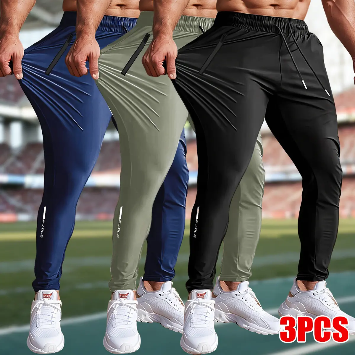 Men's 3-Pack Sports Jogger Pants, Lightweight Ice Silk Stretch Fabric Activewear, Slim-Fit Quick-Dry Bottoms for Gym Workouts, Sporty Joggers, Workout Jogger