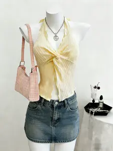 Y2K Style Halter Top, Women's Solid Color Knot Front Split Hem Halter Neck Vest, Summer Sexy Backless, Casual Chic Fashion Crop Top
