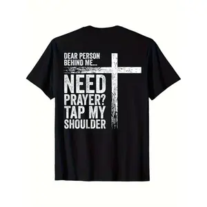 Short Sleeve T-Shirt - "Dear Person Behind Me Need Prayer Tap My Shoulder" Back Print with Cross Design - Black with White Text - High Elasticity Regular Fit Round Neck Tee for Casual Attire, Religious Message Shirt, graphic tee