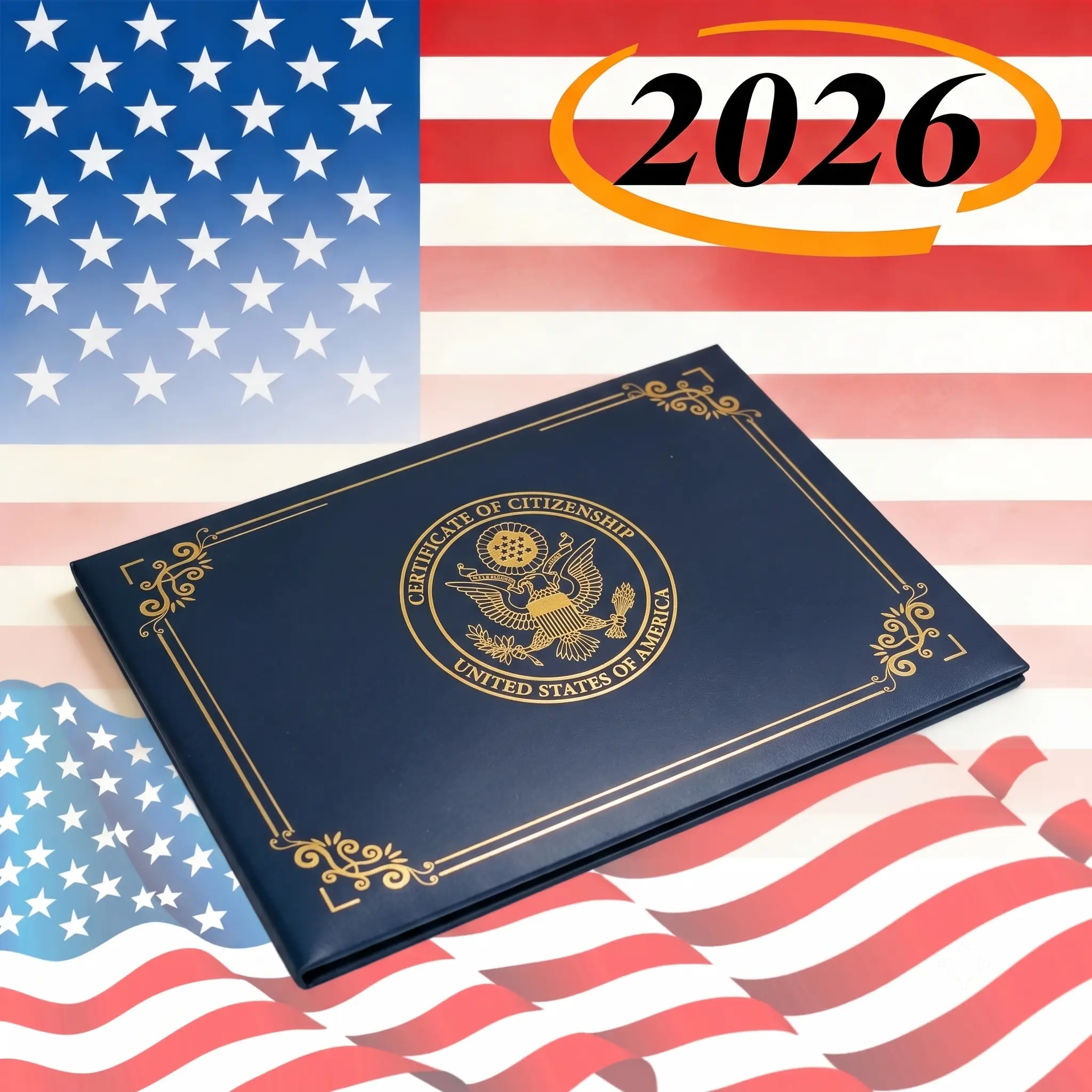 Navy PU Leather US Citizenship & Naturalization Certificate Holder - Gold Foil Embossed Seal, Padded Safety Frame Folder for 8.5x11 & 2018-2026 Documents, Passport Cover