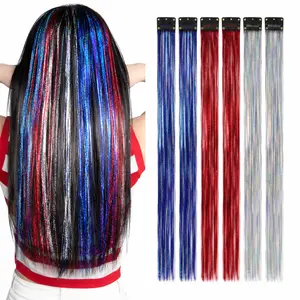 6PCS USA Hair Tinsel Clips, Red White Blue Sparkly Hair Pieces for Women, Girls & Kids, Easy Clip-On Design, Instantly Add Shine, Easy to Remove, No Hair Damage