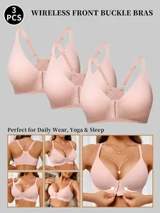 3/4 Piece Set Comfortable Seamless Front Buckle Jelly Bra, Push-Up Design, No Underwire, Adjustable Straps, Women's Casual Lingerie