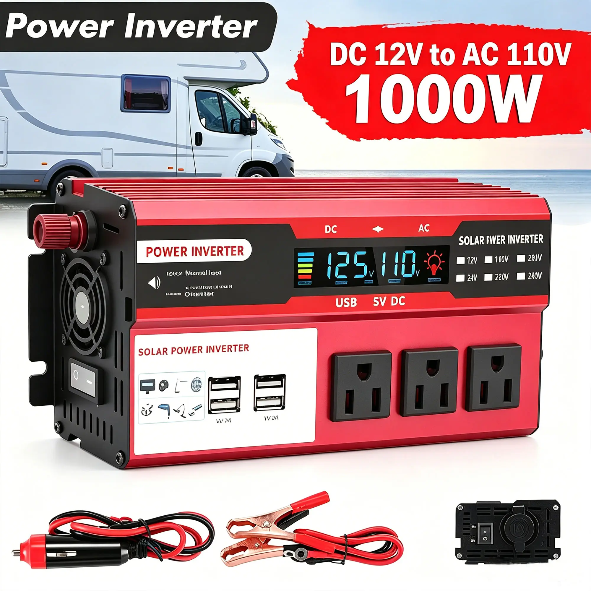 1000W Peak High Power Pure Sine Wave Inverter, DC 12V to 110V Fast Charging Power Converter with LCD Display for Vehicle, RV & Boating Outdoor Activities, High Power Inverter