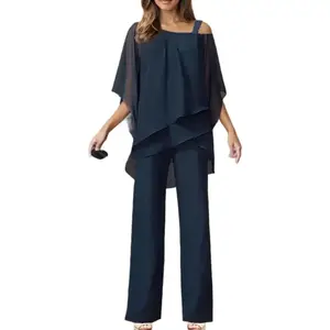 Women's Elegant Chiffon Pant Suits 2 Pieces One Shoulder Mother of The Bride Wedding Guest Outfits Sets