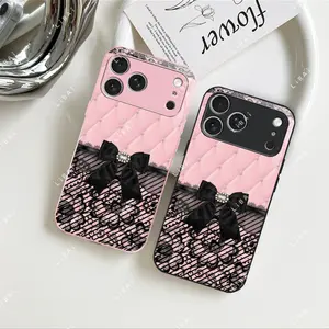 Playful Black Bowknot Lace Phone Case | Pink Ribbon Aesthetic Design and Lanyard Strap for iPhone 17, 16, 15, 14, 13, 12, 11, 7, 8, X and Samsung Galaxy S Note models -- 975