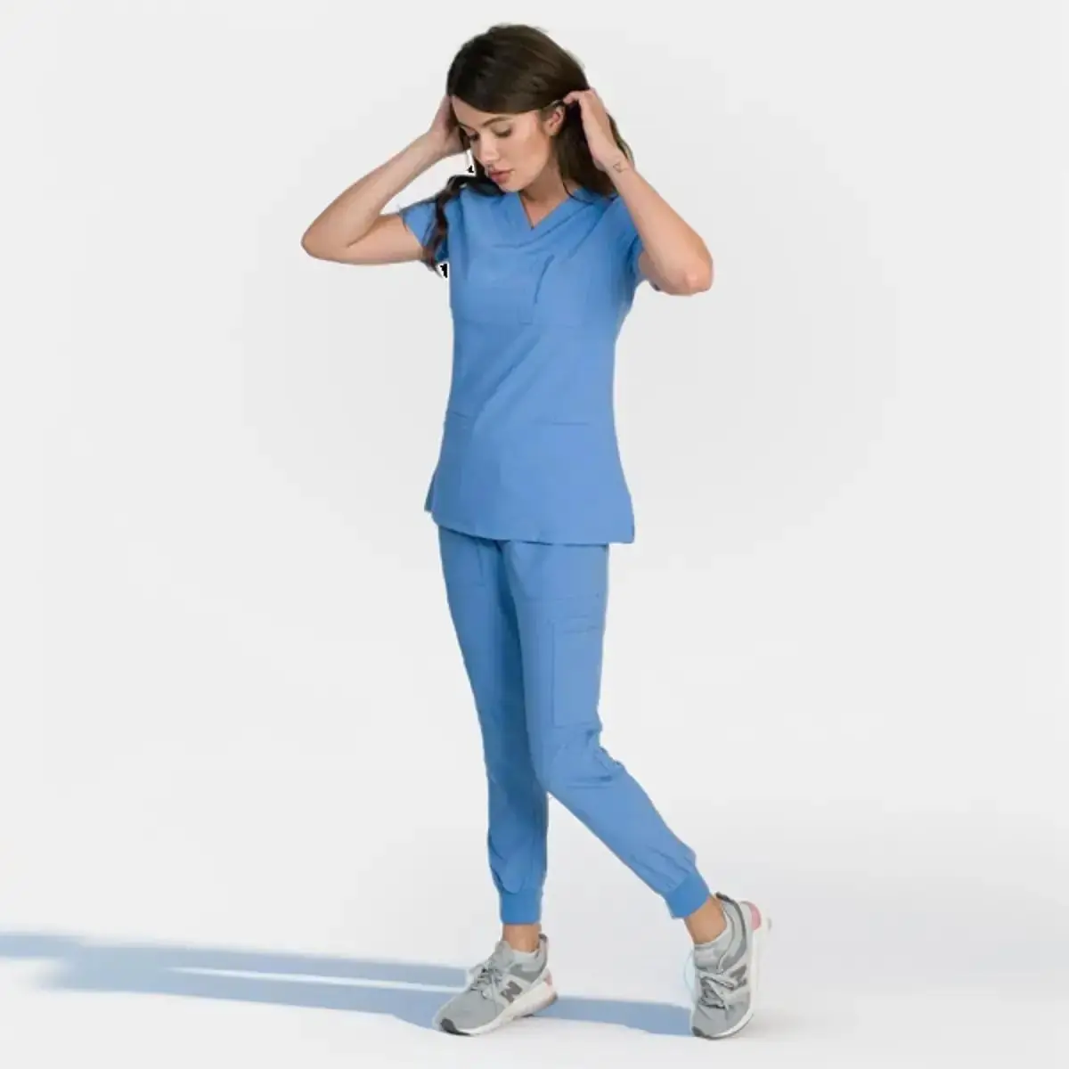 Fleur | Women's Mitered Neck Zip Chest Pocket Top Knit Rib Cuffs Jogger Pants Scrub Set