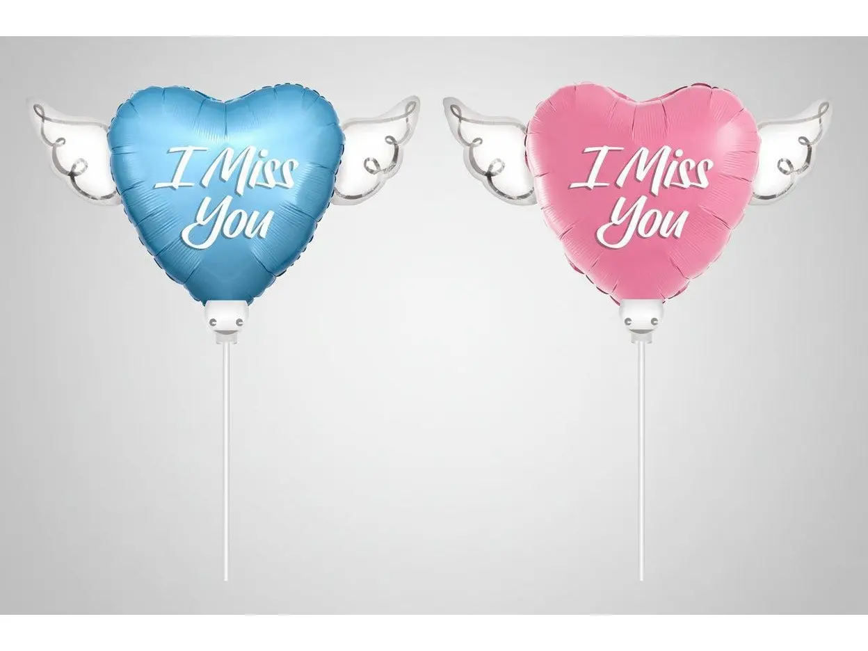 I Miss You Memorial Balloon on a Stick 8" – Heart with Angel Wings | 2-Pack | Blue or Pink