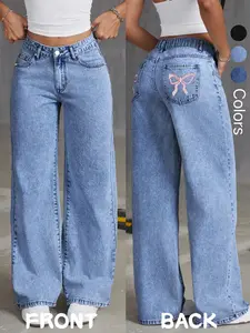 Women's Loose Fit Denim Jeans with Eye-catching Bow Embroidery on Back Pockets. Ultra-comfortable and Casual, Great for Everyday Daily Wear. A Versatile Bottom Essential for Fashionable Women All Year Round, Nailing Any Casual Event!, Baggy Pants