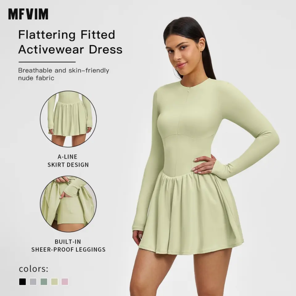 MFVIM Women’s Fitness Wear/Activewear – Fuzzy faux two-piece mock turtleneck dress for outdoor sports, anti-exposure design, base layer A-line skirt, tennis dress