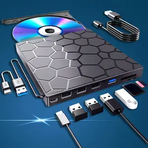 1pc Slim 8-in-1 Portable External CD/DVD Drive with USB 3.0 & Type-C, SD Card Reader, Multi-Function DVD Player Burner for PC, Mac, Linux - USB 2.0 Compatible