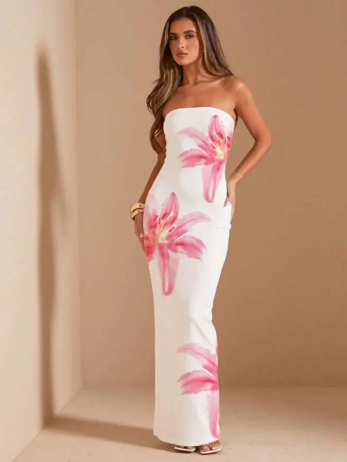 ELARIA Bandeau Fitted Long Dress,White Floral And Floral Elegant Dress,Summer Vacation Outfits,Wedding Ninang,Beach Holiday Outfit