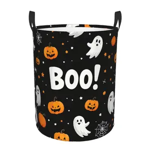 Halloween Hamper Basket - Party Design With Pumpkins & Flowers, Foldable Portable Laundry Basket With Sturdy Handles, Durable Polyester Storage Organizer, Laundry Baskets, Halloween Basket, Fall Basket, Halloween Baskets, Spooky Basket